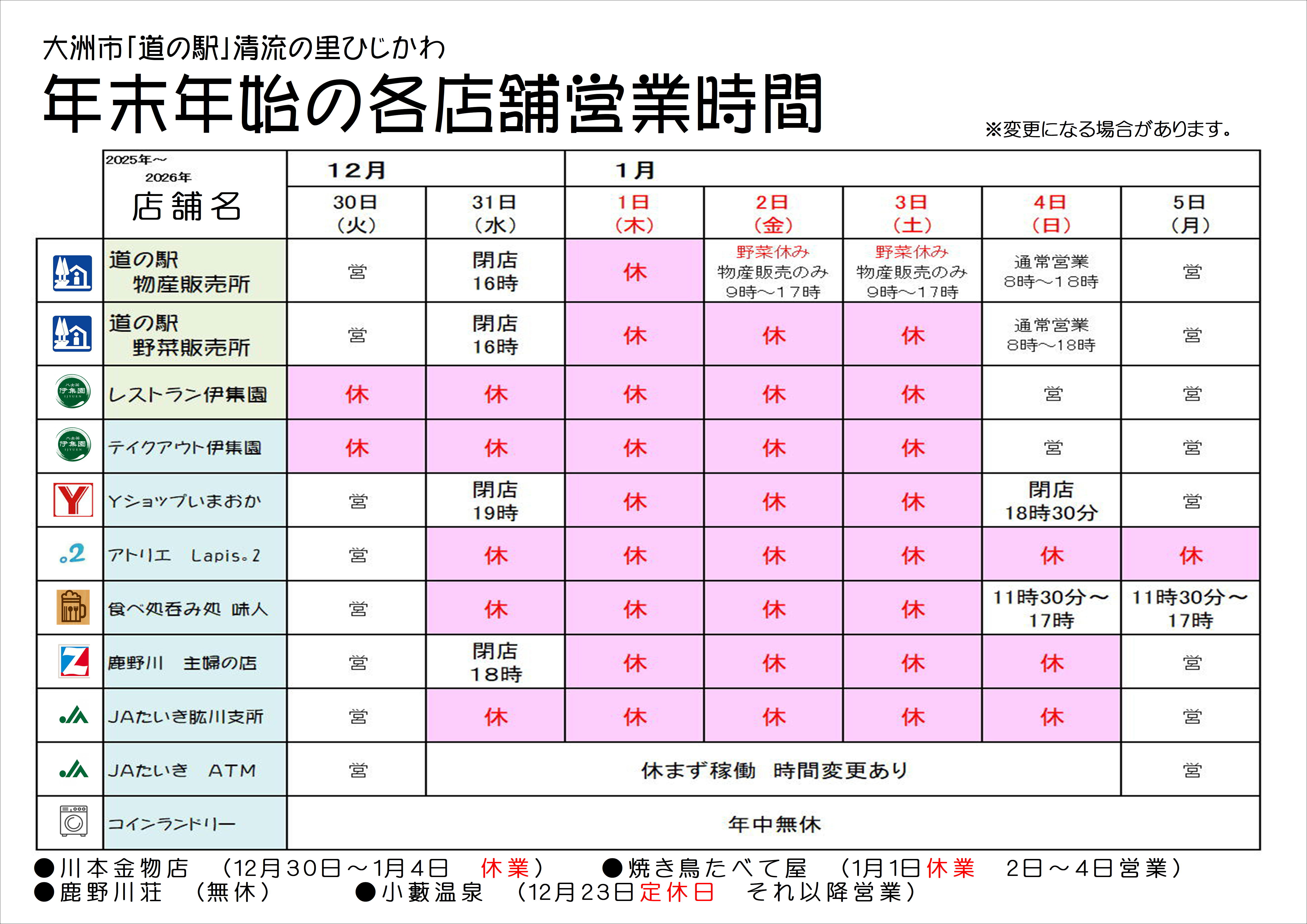 年末年始 各店舗の営業時間 | 道の駅 清流の里ひじかわ